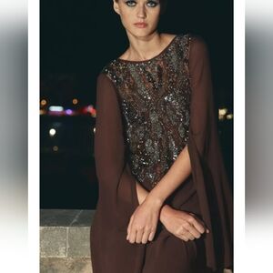 Zara Zw Collection Elegant Embroidered Sequens Brown Evening Formal Dress Sz-L